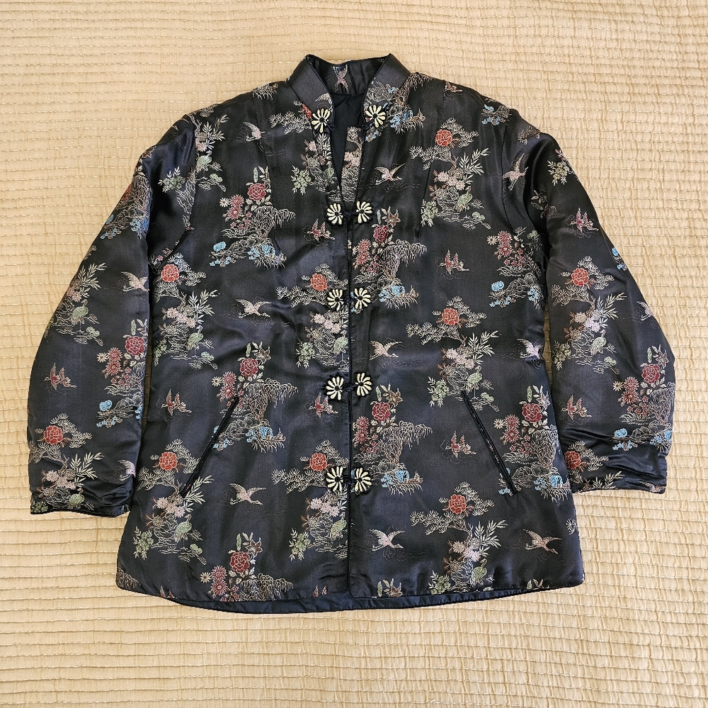 Vintage Asian Jacket Embroidered Crane Flower Shacket‎ Frog Closure Whimsigoth